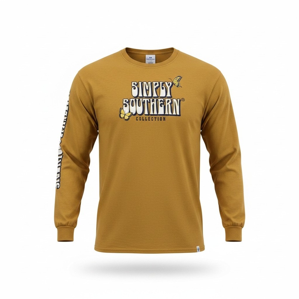 Simply Southern Collection Mens XXL Mustard Yellow Butterfly Long Sleeve T-Shirt